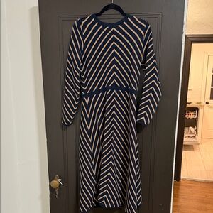 Boden Chevron Navy and Tan Long Sleeve Dress